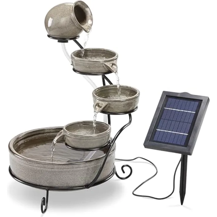Esotec Solar Kaskadenbrunnen Firenze, Keramik mit 4 Terrakotta Schalen, wetterfest, H=55cm, Gartenbrunnen Wasserfall