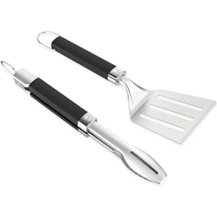 Weber tragbares Grillwerkzeugset (2-teilig), Grillzange und Wender aus Edelstahl, spülmaschinengeeignet, Silber - Schwarz