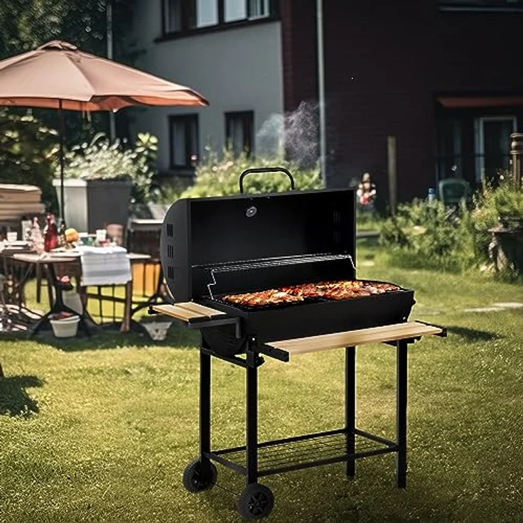BBQ-Toro Holzkohle Grillwagen mit Deckel | Ø 80 x (L) 42 cm | Premium Holzkohlegrillwagen fahrbar, inkl. Thermometer, Warmhalterost, Holz Ablagen | Smoker, Holzkohlegrill, Barbecue Grill (BBQ13) – Bild 2