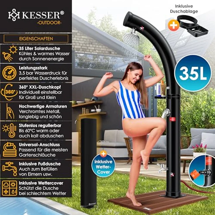 KESSER Solar Gartendusche Solardusche Bogen Inkl. Schutzhaube warmes Wasser 20 Liter max. 60°C ohne Stromanschluss Pooldusche Camping Regenduschkopf und Wasserhahn Gartenschlauch-Anschluss Schwarz - 35 Liter - Preisvergleich – Bild 2