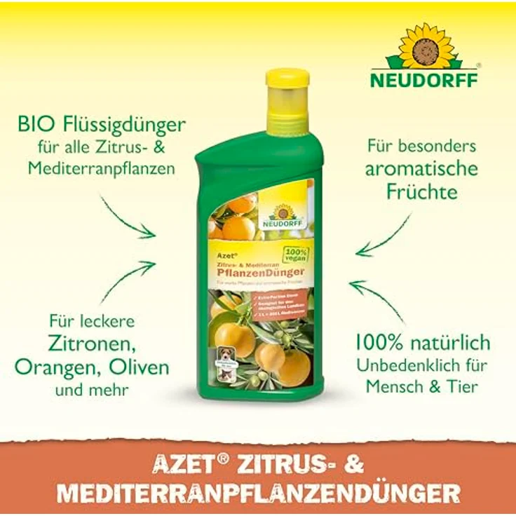 Neudorff Azet Zitrusdünger, Flüssigdünger 1L für Zitruspflanzen mit Extra Eisen, 100% natürlich und vegan – Bild 2