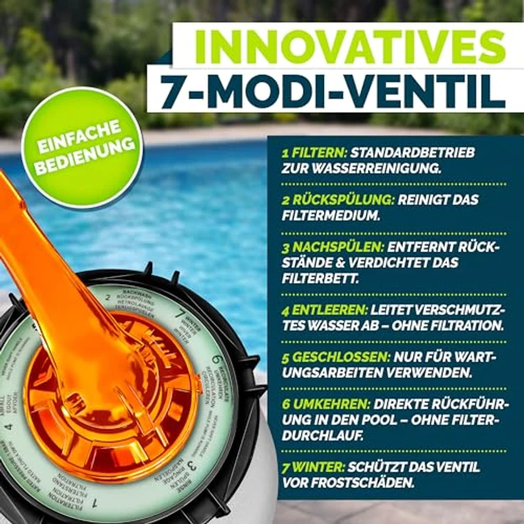 tillvex Sandfilteranlage 13.200L/h, inkl. 1200g Filterbälle, selbstansaugend mit 7-Wege Ventil & 2in1 Adapter Ø32-38mm für Pools bis 40.000L – Bild 3