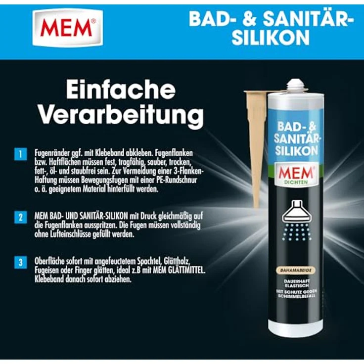 MEM Bad- & Sanitär-Silikon, Dauerhaft elastischer Dichtstoff mit Schimmel-Schutz, Gebrauchsfertig, Lösemittelfrei, 300 ml, Bahamabeige – Bild 5