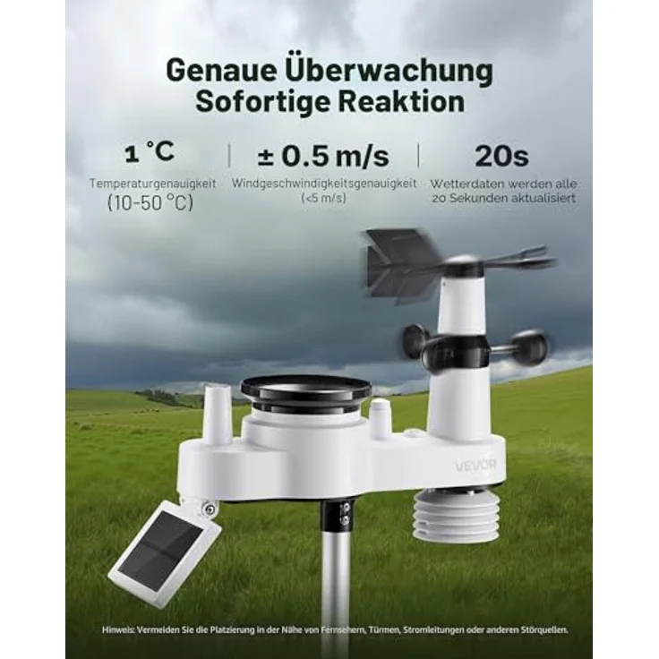 VEVOR 7-in-1-Wetterstation mit 7,5-Zoll-Display, solarbetriebener Außensensor für Temperatur, Luftfeuchtigkeit, Windgeschwindigkeit & -richtung, Regenmesser, ohne WLAN – Bild 3