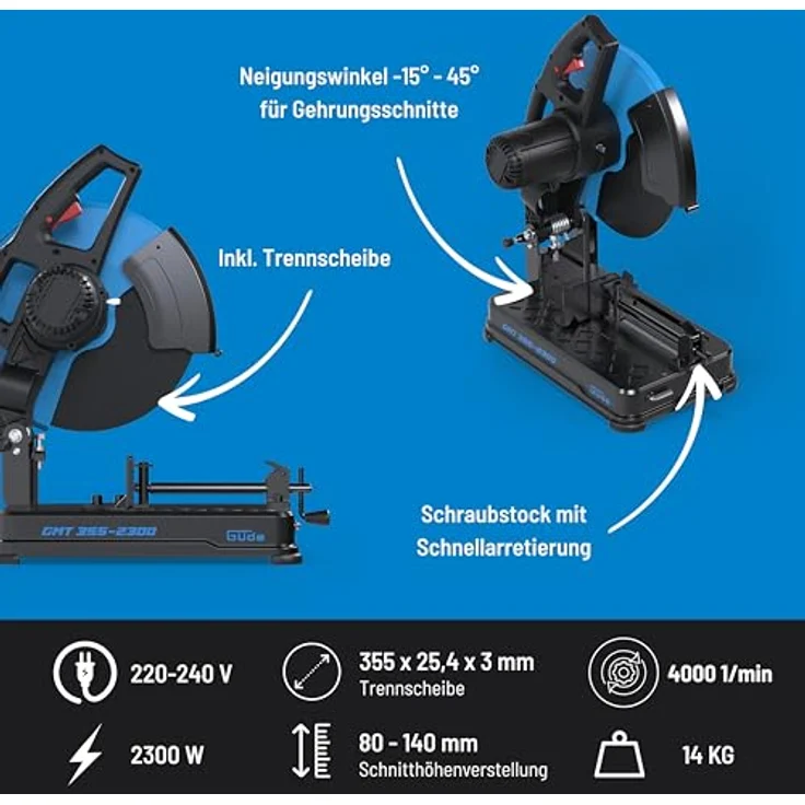 Güde Metalltrennsäge GMT 355-2300, 2300W mit Softstart, für Stahl und NE-Metalle, inkl. 355mm Metalltrennscheibe – Bild 4