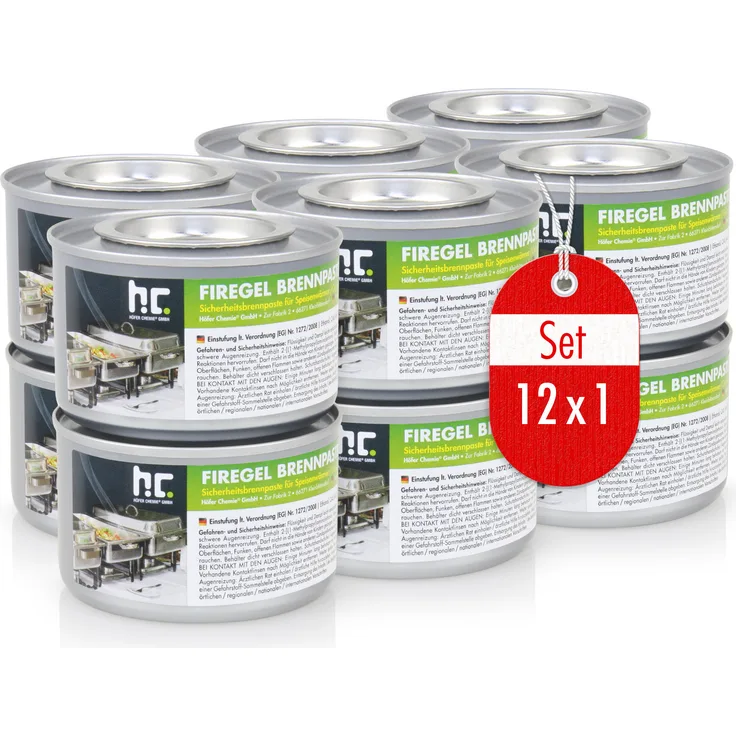 Höfer Chemie 12x 200g Firegel Brennpaste zum Warmhalten von Speisen, aus Bioethanol, geruchsneutral, rußfrei, in Europa produziert