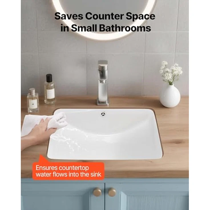 VEVOR Unterbauwaschbecken 530 x 375 mm rechteckiges Keramik Spülbecken mit Überlaufloch, schmutzabweisende Oberfläche, für kleine Räume, Badezimmerwaschbecken in Weiß – Bild 2