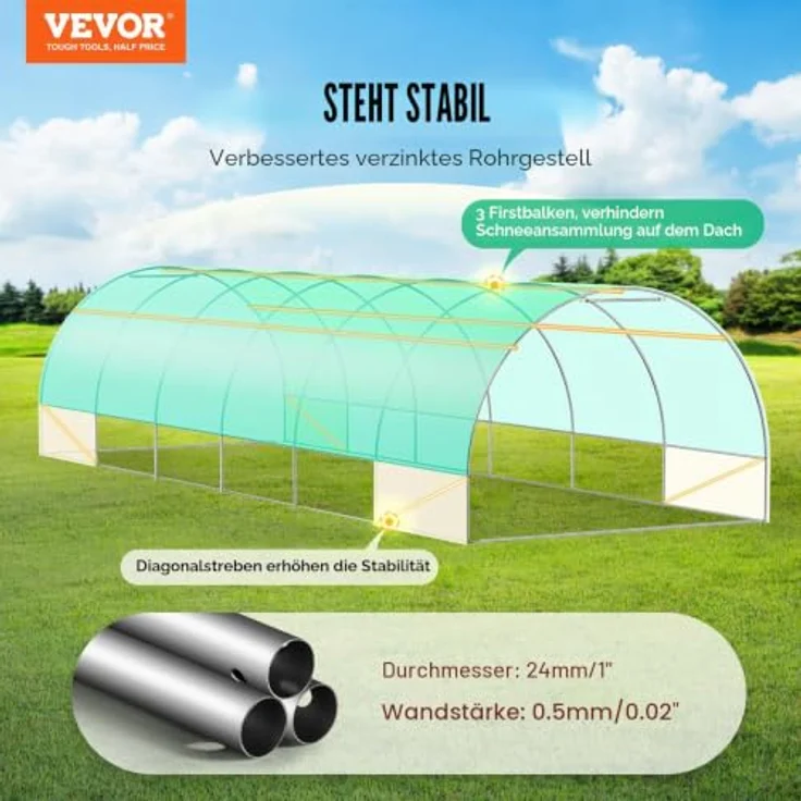 VEVOR Folien-Gewächshaus, 890 x 295 x 198 cm, Tomatengewächshaus mit verzinktem Stahlrahmen, grüner PE-Abdeckung, aufrollbarer Reißverschlusstür und 12 Fenstern für optimale Belüftung – Bild 2