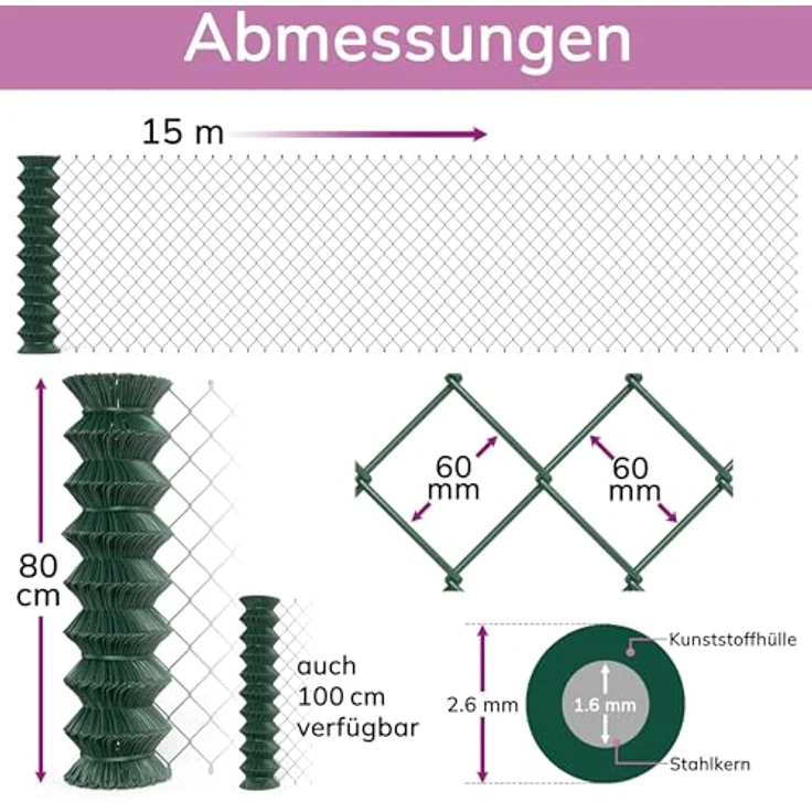 B!HOME Maschendrahtzaun grün, 80 cm hoch, 15 m lang, wetterfester Gartenzaun mit Viereckgeflecht für Grundstück und Tiergehege – Bild 2