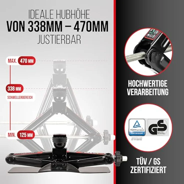 HEYNER® Scherenwagenheber 2 t für BMW 5er G60 (2023–), runder Sattel, austauschbare 360° Gummiauflage, Hub 125–470 mm, 17 mm Ratsche & Drehknauf, Standfuß 30×8 cm, bis −50 °C – Bild 2