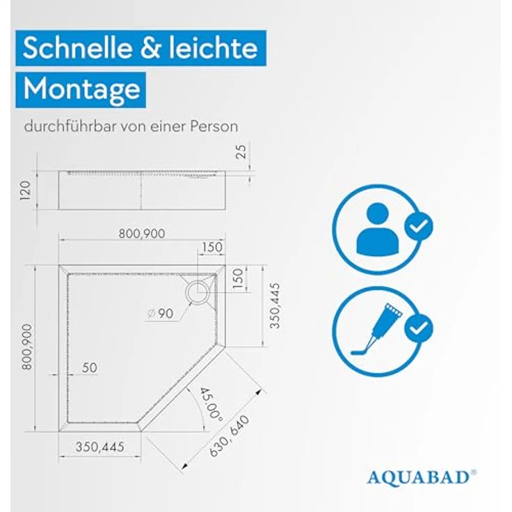 Aquabad® Duschwanne ULTIMA, Fünfeck, Acryl, inkl. Ablaufgarnitur Alcadrain A49CR, 80x80 cm, Weiß – Bild 5