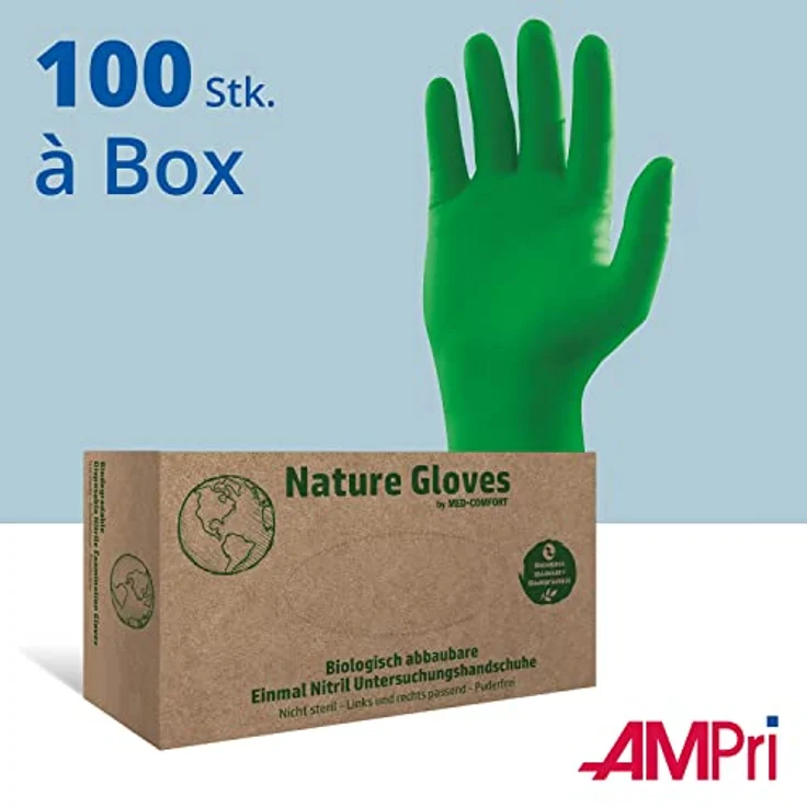 AMPri Biologisch abbaubare Nitrilhandschuhe, grün, 100 Stück/Box, Größe M, puderfrei, Nature Gloves by Med-Comfort: Nitril Einmalhandschuhe in den Größen XS, S, M, L, XL erhältlich – Bild 4