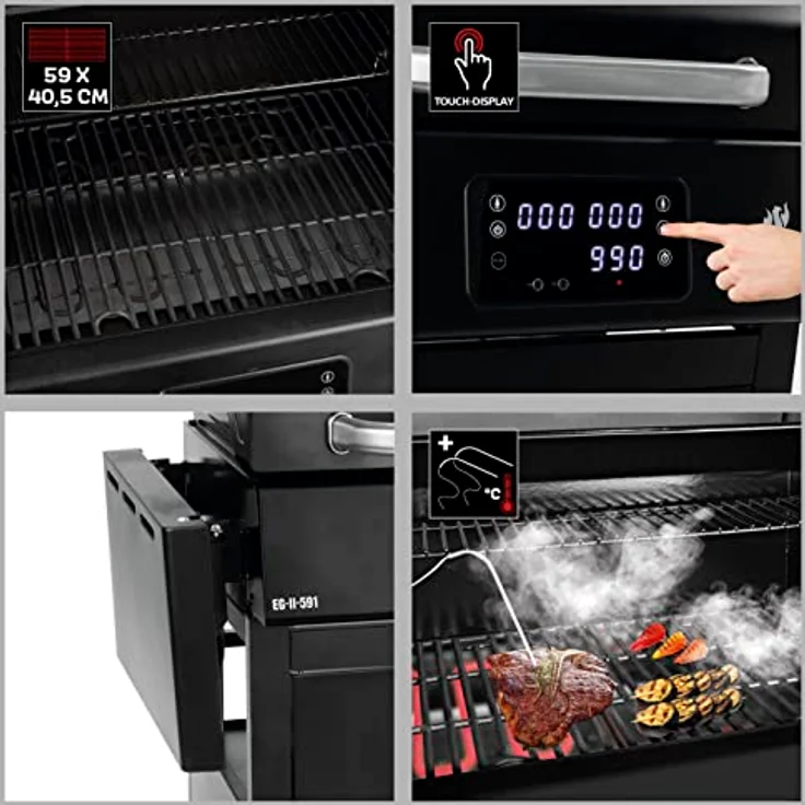 LANDMANN Elektro-Grillwagen EG-II-591 | Leistungsstarker Standgrill mit 2 Fleischthermometern & Deckelthermometer | Ohne Gas & ohne Kohle grillen | Grillfläche ca. 59 x 40,5 cm | 3200W [Schwarz] - Preisvergleich – Bild 5