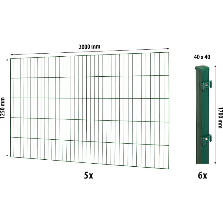 JUNGELMAR Classic ES-Mattenzaun-Set 1250, 10m moosgrün, inklusive 5 Einstabmatten und 6 Pfosten