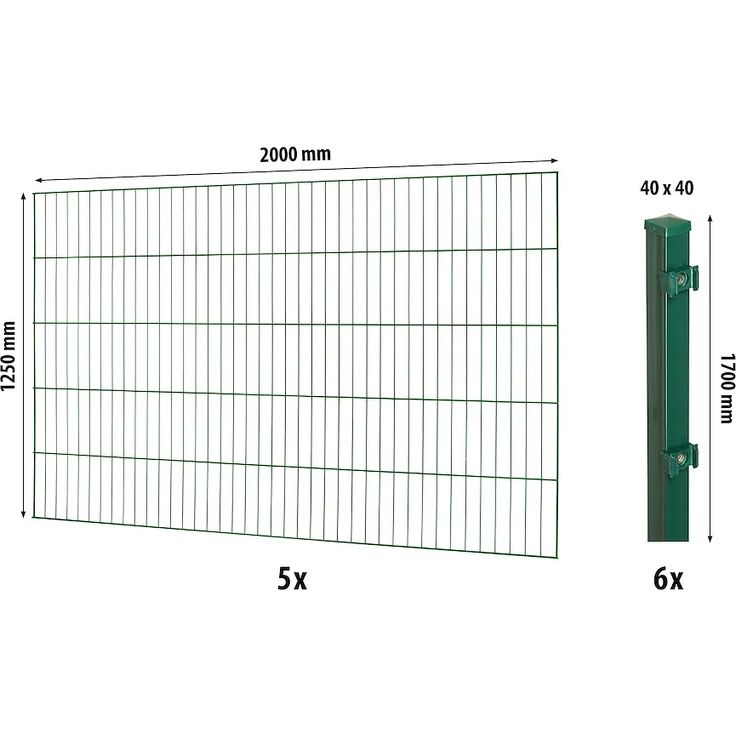 JUNGELMAR Classic ES-Mattenzaun-Set 1250, 10m moosgrün, inklusive 5 Einstabmatten und 6 Pfosten
