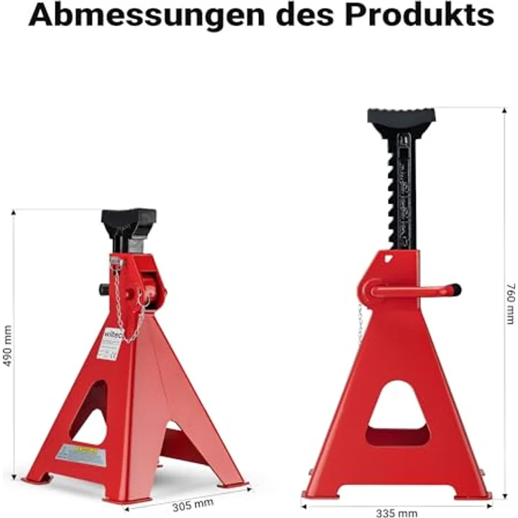 Wiltec, Wagenheber Unterstellbock Set, 2er Set mit maximaler Traglast von 12 Tonnen, höhenverstellbar von 49 cm bis 75 cm, rutschfeste Gummiauflage – Bild 4