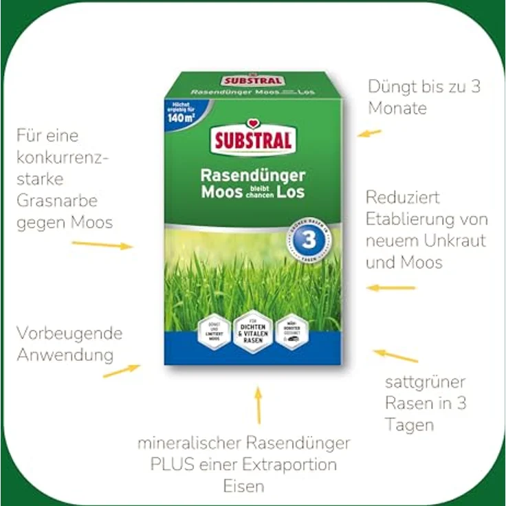 Substral Rasendünger gegen Moos, für sattgrünen und dichten Rasen, 4,2 kg, 140m², Grün - Substral Rasendünger mit intensiver Grüneffekt, stärkt die Grasnarbe, für gesunden Rasen – Bild 4