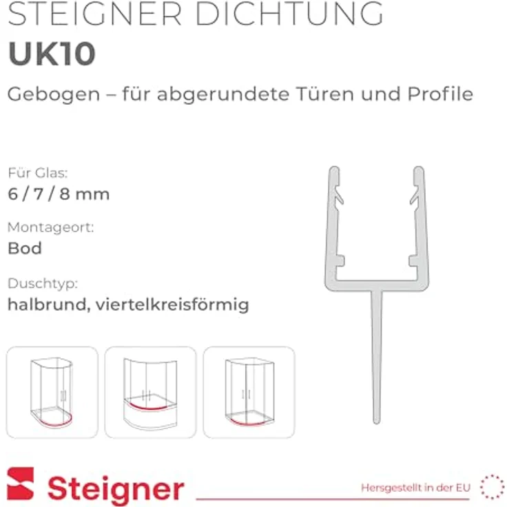 STEIGNER Duschdichtung gebogen UK10 80 cm, transparente Dichtung für Runddusche und Viertelkreis-Duschkabine, geeignet für 6-8 mm Glas, flexibles Material gegen Auslaufen – Bild 2