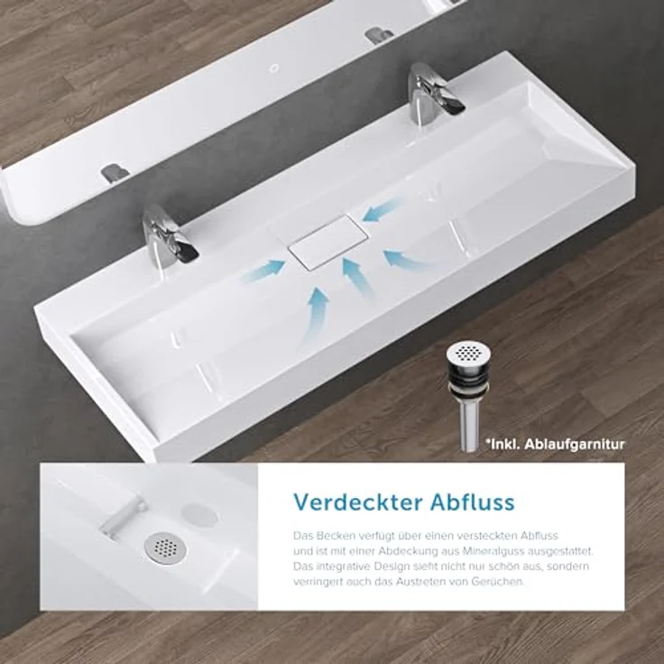 doporro Aufsatzwaschbecken Waschbecken Col19 Gussmarmor Waschtisch inkl. Ablaufgarnitur, mit Hahnlöcher, Eckiges Design, Hochwertiges Gussmarmor, Einfache Montage, Weiß – Bild 3