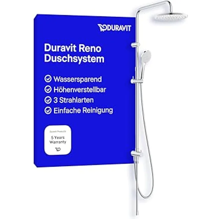 Duravit Reno Minusflow Duschsystem, Wandmontage mit Hand- und Kopfbrause, elegante Chromoberfläche, max. 9 l/min bei 3 bar