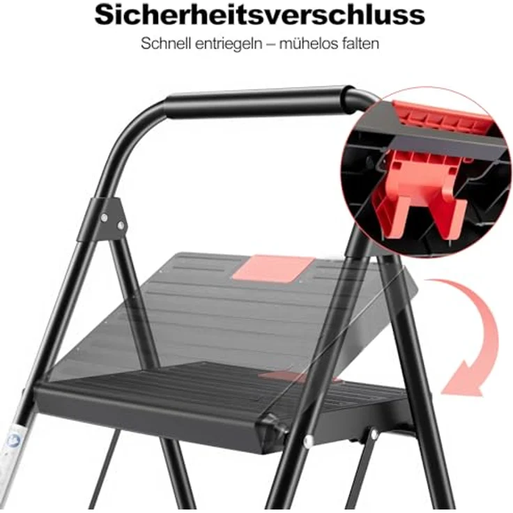 Sweetcrispy Trittleiter 2 Stufen klappbar, stabile Anti-Rutsch-Leiter mit Handlauf, bis 150 kg belastbar, leicht und kompakt, schwarz – Bild 5