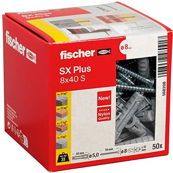 fischer Spreizdübel SX Plus 8 x 40 S, Schachtel mit 50 Nylondübeln und passenden Schrauben, Dübel für optimalen Halt bei Befestigungen in Beton, Vollziegel, Porenbeton, Hochlochziegel uvm. – Bild 1
