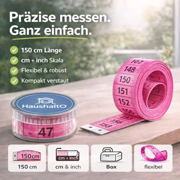 HaushaltO 2 in 1 Maßband 150 cm, Schneidermaßband mit cm und Inch Skalierung, flexiblem Material, inkl. Aufbewahrungsbox (Pink) – Bild 3