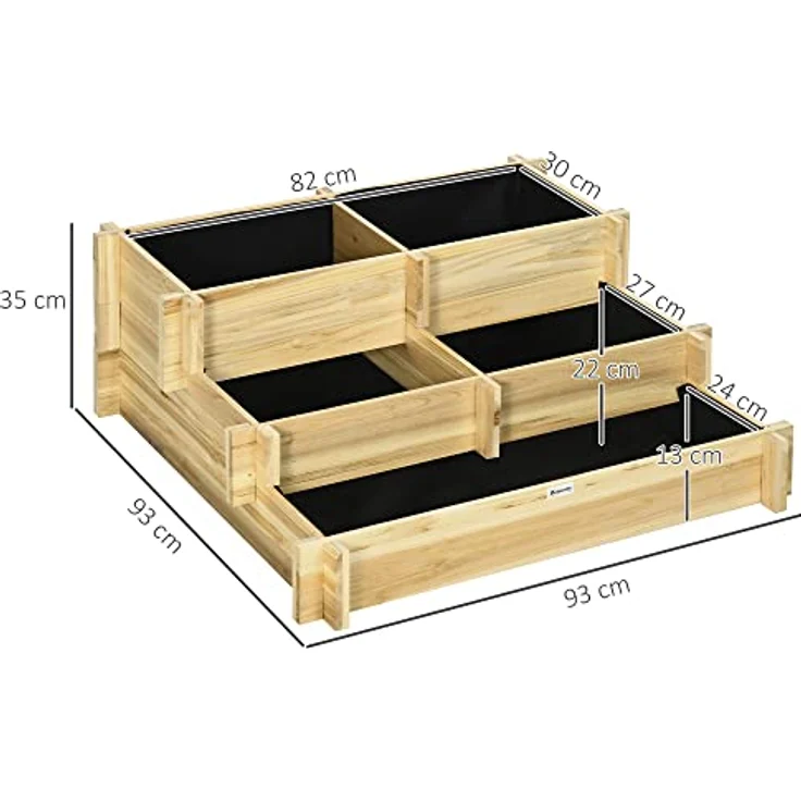 Outsunny Hochbeet, 3-stufige Blumenkasten, Pflanzenbeet mit Stoffauskleidung, Kräuterbeet, Blumentreppe für Balkon, Garten, Holz, Natur, 93 x 93 x 35 cm – Bild 3