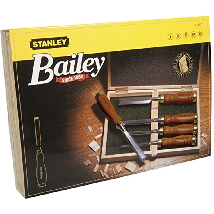 Stanley Bailey Stechbeitel Set 5-teilig (6/10/15/20/25 mm Beitelbreite, gehärteter Stahl, Kunststoffkappe) 2-16-217 – Bild 1