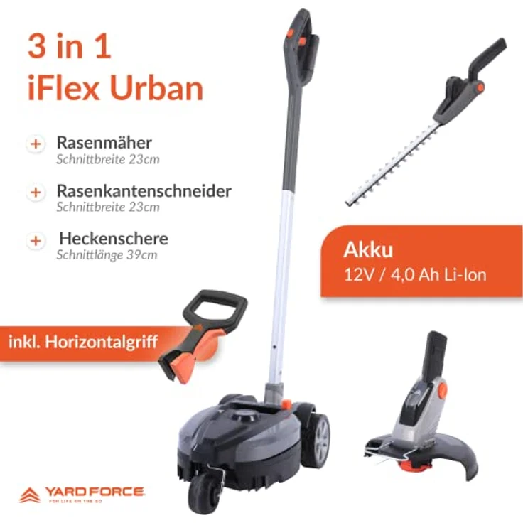 Yard Force 12V iFlex Urban Akku-Rasenmäher, Rasentrimmer und Heckenschere im Paket LM F24BN, mit / 4,0 Ah Lithium-Ionen-Akku, bis zu 50 qm, 23cm, 3-stufige Schnitthöheneinstellung, Silber Schwarz – Bild 2