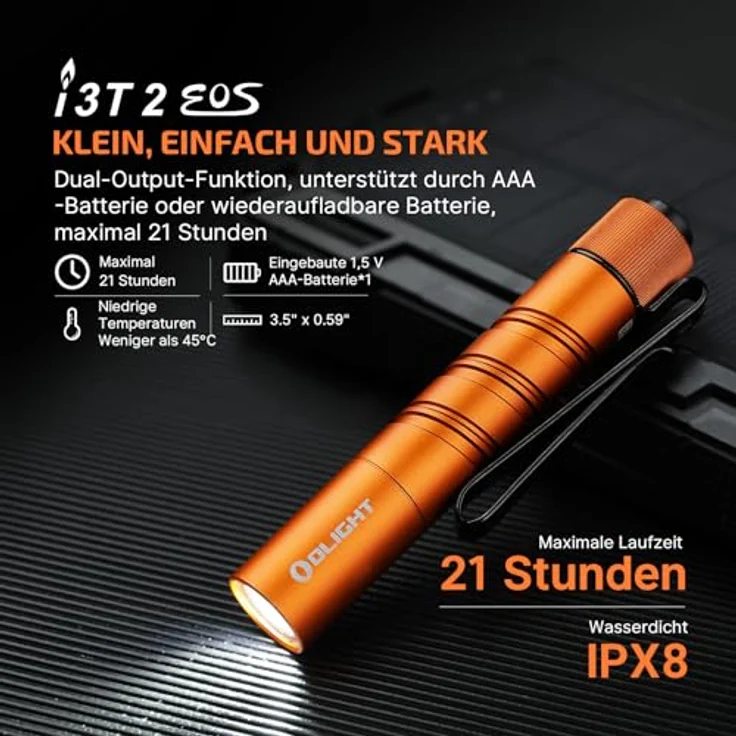 OLIGHT I3T 2 Mini Taschenlampe, 200 Lumen, kompakt mit 2 Lichtmodi, beidseitigem Taschenclip, IPX8 wasserdicht, orange – Bild 2