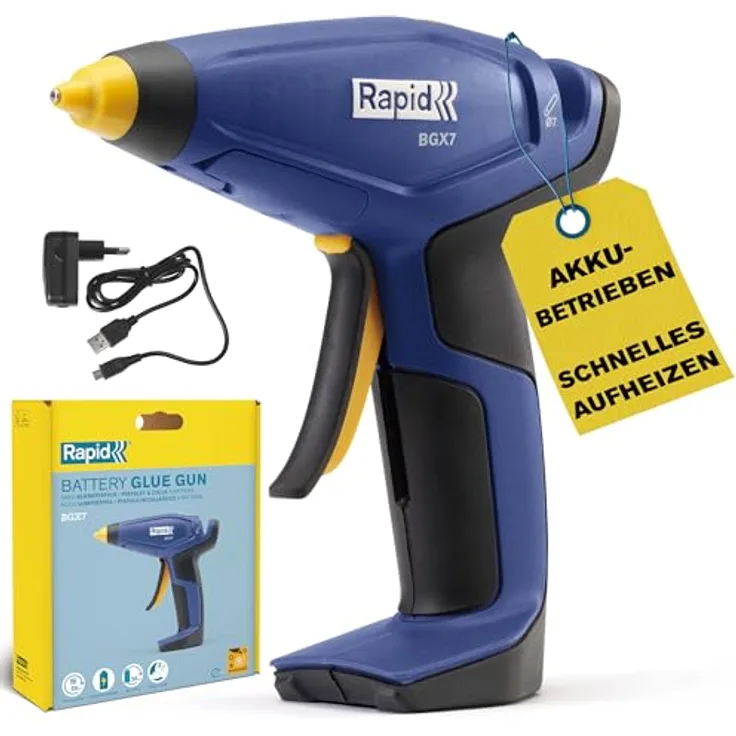 Rapid BGX7 Akku-Heißklebepistole, 7mm, 20 Sek Aufheizzeit, 3.6V Li-Ion Akku mit 30 Minuten Laufzeit, ergonomischer Softgriff