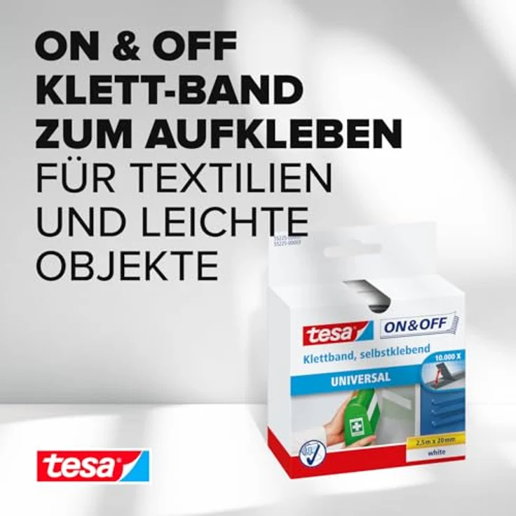 tesa On & Off Klettband zum Aufkleben - Selbstklebendes Klettklebeband zur Befestigung leichter Gegenstände - Weiß, 2 cm x 250 cm – Bild 2