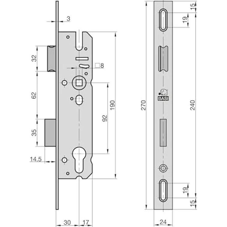 BASI Rohrrahmenschloss mit Langloch für Profilzylinder, Dornmaß 30 mm, Stulp 24 x 270 mm, Edelstahl, DIN Rechts/Links, Einsteckschloss für Profilrahmentüren – Bild 2