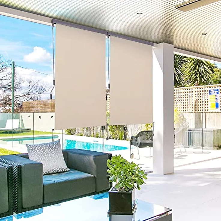 Outsunny Senkrechtmarkise Balkonmarkise Vertikalmarkise Windschutz Seitenrollo Sichtschutz mit Handkurbel Polyesterstoff+Aluminium Cremeweiß 120 x 200 cm – Bild 2