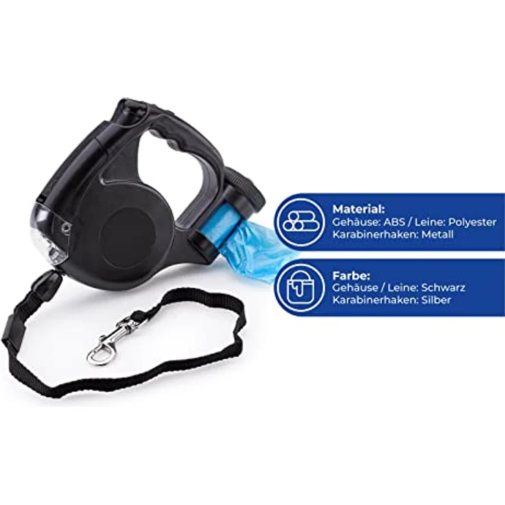 Hundeleine mit LED Licht Kotbeutelspender Beutelspender 5m Hunde Leine bis 25kg Rollleine Schwarz – Bild 4