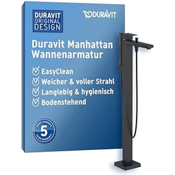 Duravit Manhattan Einhebel-Wannenmischer bodenstehend, schwarz matt, Ausladung 232 mm, mit AirPlus-Technologie und EasyClean-Funktion