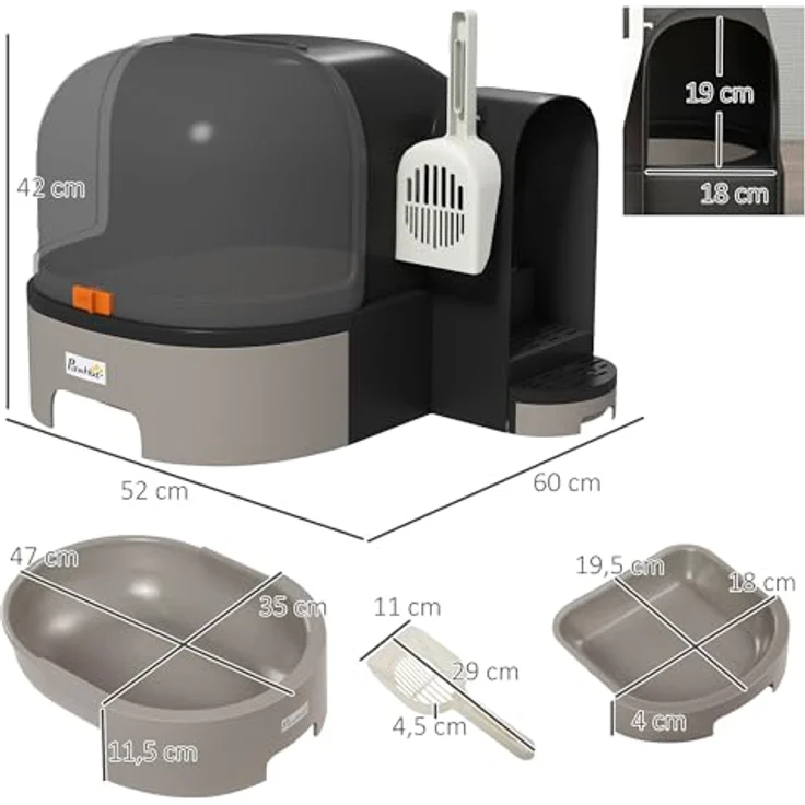 PawHut Katzentoilette, Katzenhaus, Katzenklo inklusive Schaufel, 2 Herausziehbarer Bodenwannen, Haube, Grau, 52 x 60 x 42 cm – Bild 5