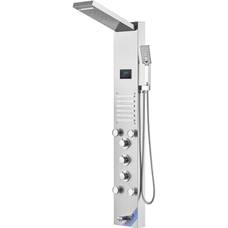 VEVOR Duschpaneelsystem 6-in-1, LED- und Bildschirm-Wasserkraft-Duschpaneel mit Regen- und Wasserfallmodus, 5 Massagedüsen, Handbrause, Edelstahl, wandmontiert – Bild 1