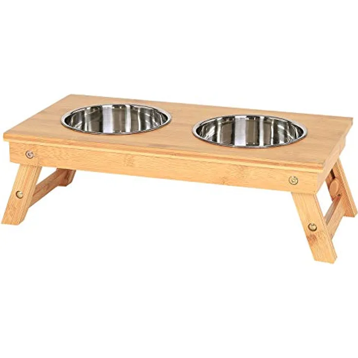 lionto höhenverstellbarer Hundenapf aus robustem Bambus, 45x23 cm, mit 2 spülmaschinenfesten Edelstahlnäpfen Ø 15 cm, je 700 ml, für gesunde Haltung und optimale Verdauung