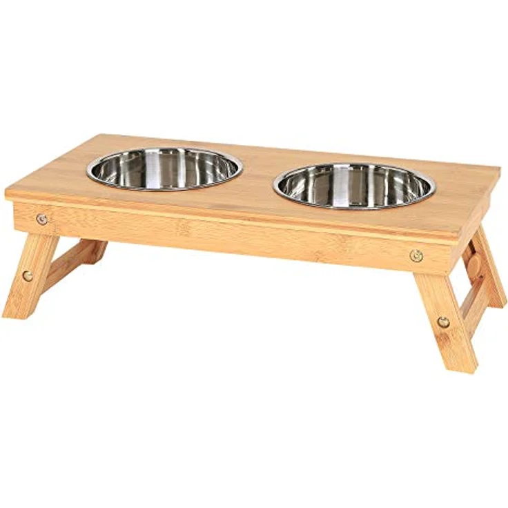 lionto höhenverstellbarer Hundenapf aus robustem Bambus, 45x23 cm, mit 2 spülmaschinenfesten Edelstahlnäpfen Ø 15 cm, je 700 ml, für gesunde Haltung und optimale Verdauung – Bild 1