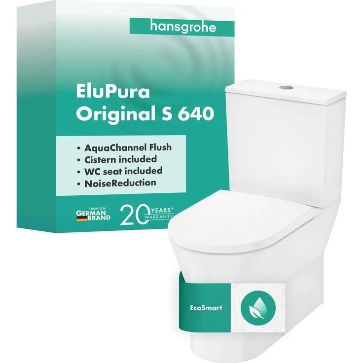 Hansgrohe EluPura Original S Stand-WC Set, 365x640mm, spülrandlos, AquaChannel Flush, glänzendes Weiß, inkl. Spülkasten und WC-Sitz, EcoSmart-Technologie