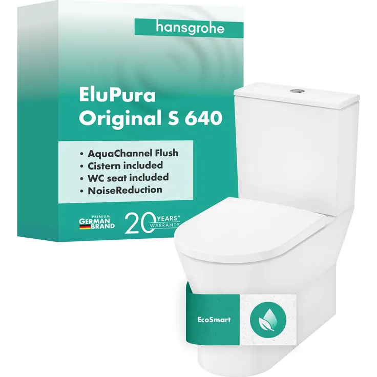 Hansgrohe EluPura Original S Stand-WC Set, 365x640mm, spülrandlos, AquaChannel Flush, glänzendes Weiß, inkl. Spülkasten und WC-Sitz, EcoSmart-Technologie