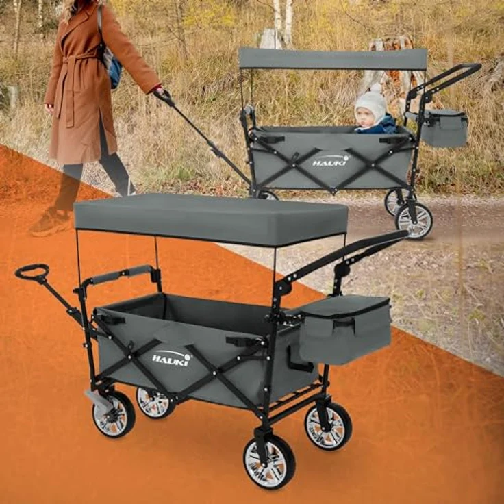 Hauki Bollerwagen XXL faltbar mit abnehmbarem Dach, grau, Kinder Transportwagen mit 360° drehbaren Vorderrädern und PU Rädern, Tragkraft 150 kg, inkl. Tasche und Getränkehalter – Bild 1