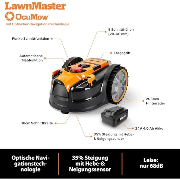 LawnMaster OcuMow™ Roboter-Rasenmäher mit 24V MAX Trimmer-Kombi-Set, optischer Navigation und automatischer Hindernisvermeidung – Bild 8