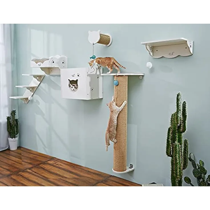CatS Design Katzen Kletterwand Set XXL große Katzen stabil-Wandkratzbaum-Wandliege-Wandbett-Kletterstufen-Wandhöhle-Wand Kratzsäule-Wandelemente-6 Teilig Holz Wandpark T4