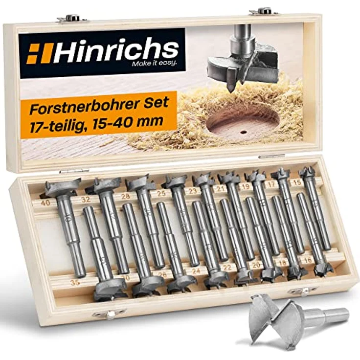 Hinrichs Forstnerbohrer Set mit 17 verschiedenen Bohrern in praktischer Holz Aufbewahrungsbox – Bild 2