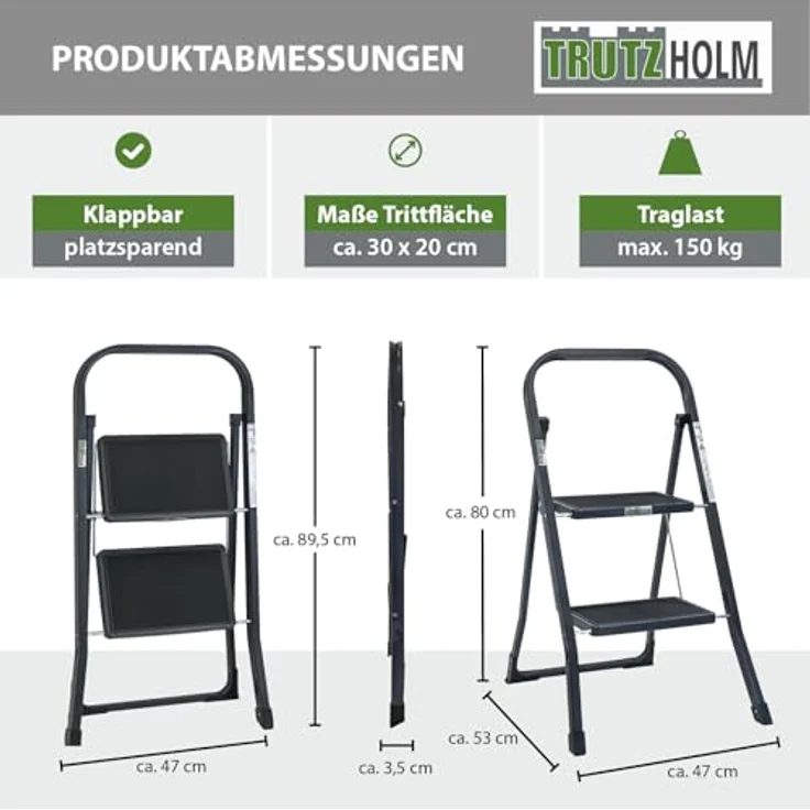 TRUTZHOLM Trittleiter 2 Stufen, klappbar, TÜV/GS zertifiziert, 150 kg Traglast, Anti-Rutsch Trittflächen, Sicherheitsverriegelung, anthrazit – Bild 3