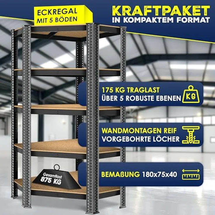 MASKO Eckregal Lagerregal Schwerlastregal, Kellerregal, 180x75x40cm , bis 875 kg, 5 verstellbare Ablagen, MDF-Platten Regal aus Metall, Steckregal, Werkstattregal, Keller, Garage Schwarz – Bild 4