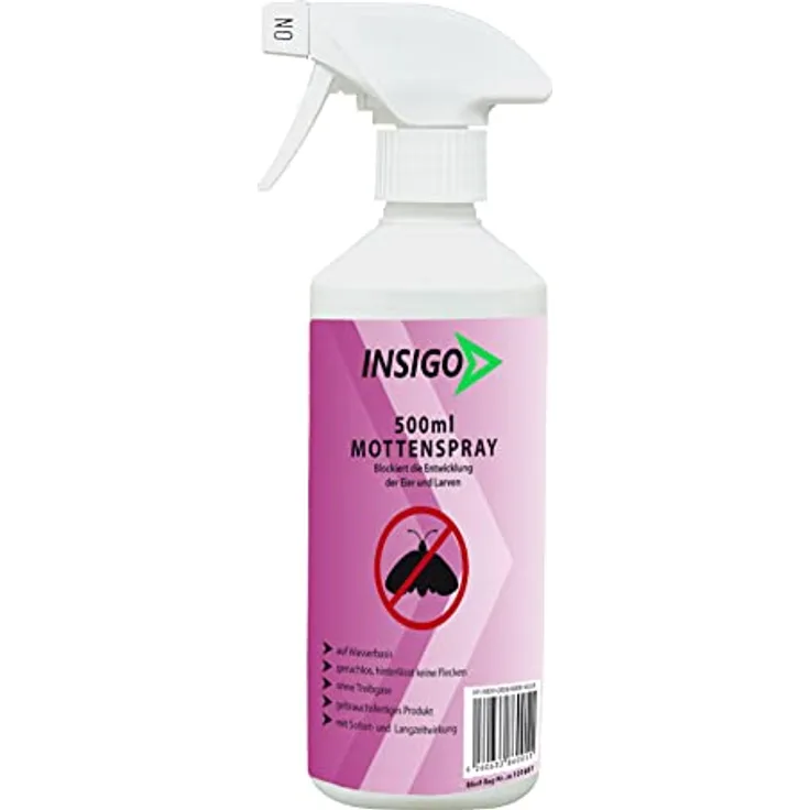 INSIGO Anti-Motten Spray 500ml | Hochwirksame Mottenbekämpfung auf Wasserbasis | Gegen Motten, Larven & Eier | Fleckenfreie Motten-Abwehr